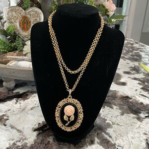 Vintage Avon Gold Tone Pendant Mirror Necklace with Rose Design